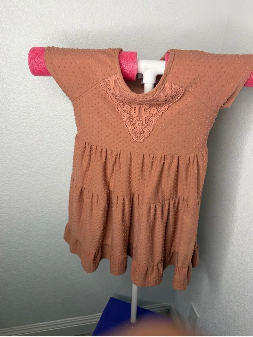 Girls' Peach Knit Lace-Trim Tiered Dress